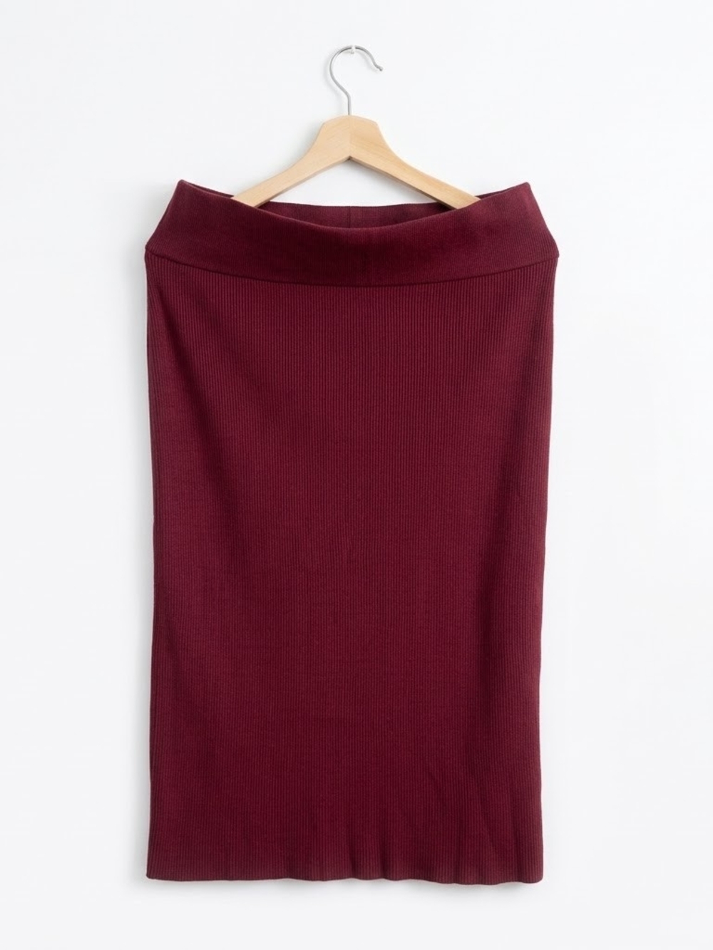 SUZY Shier Ribbed Knit Pencil Skirt Sz L Burgundy Pull-On Business Casual Fall
